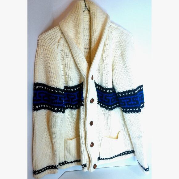 Cowichan Other - Vintage Heavy Chunky Hand Knit Cardigan Shawl Collar Greek Key Pattern L/XL